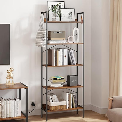 Bookshelf, Book Shelf, Industrial Bookcase with 2 Hooks, Coner Shelf Storage Organizer for Home Office, Living Room, Bedroom, Kitchen, 5-Tier Rustic Brown BC22501B
