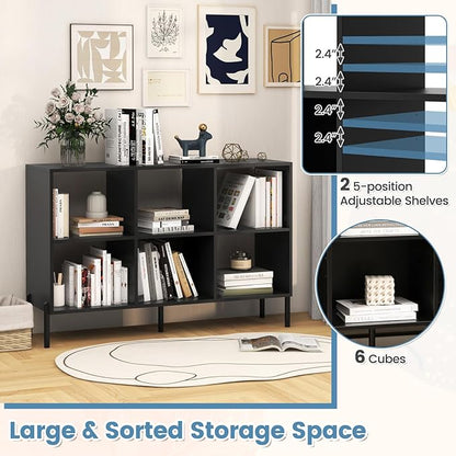 LOKO 6 Cube Bookcase, 3-Tier Floor Open Bookshelf with 5 Metal Legs, Cube Storage Organizer with Adjustable Shelves, Modern Display Shelving for Living Room, Study, Bedroom, Office (black)