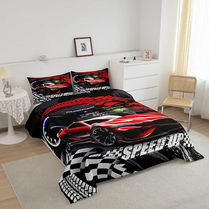 Feelyou Kids Boys Girls Red Race Car Comforter Set Full Size, Sports Car Comforter Comforter Set for Teens Toddler Race Car Bedding Set Racing car Duvet Set Bed Set Room Decor Bedding Collection