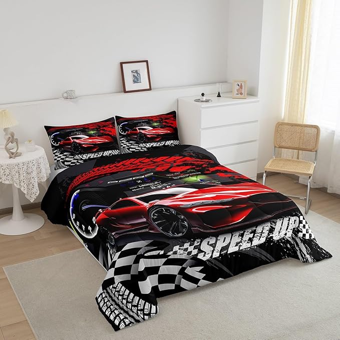 Feelyou Kids Boys Girls Red Race Car Comforter Set Queen Size, Sports Car Comforter Comforter Set for Teens Toddler Race Car Bedding Set Racing car Duvet Set Bed Set Room Decor Bedding Collection