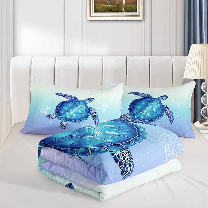 Turtle Comforter Queen Size,Ocean Comforter Set for Kids Teens Girls Boys,3Pcs Bedding Set Printed Comforter with 2 Pillowcases,Down Alternative,Soft and Lightweight(Blue，Queen Size)