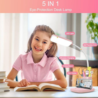 Sailstar Cute Desk Lamp, Pink Small Desk Lamp with Pen Holder, Wireless Charger LED Desk Lamps for Home Office, Kids Desk Lamp 800LM Gooseneck 3 Modes Dimmable Touch, Study Lamp for College Dorm Room