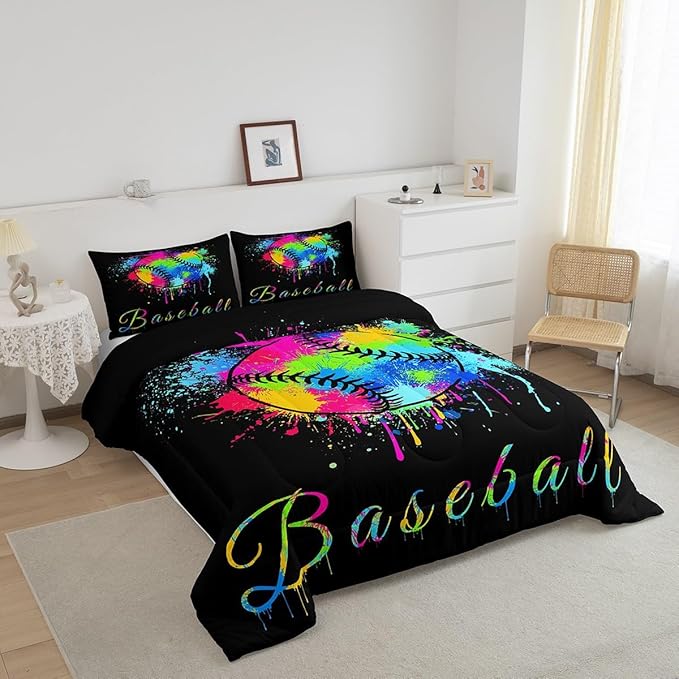 Feelyou Kids Baseball Comforter Set Queen Size Sports Game Bedding Set for Boys Girls Teens Bedroom Decor Baseball Gaming Comforter Women Men Tie Dye Duvet Set with 2 Pillow Case