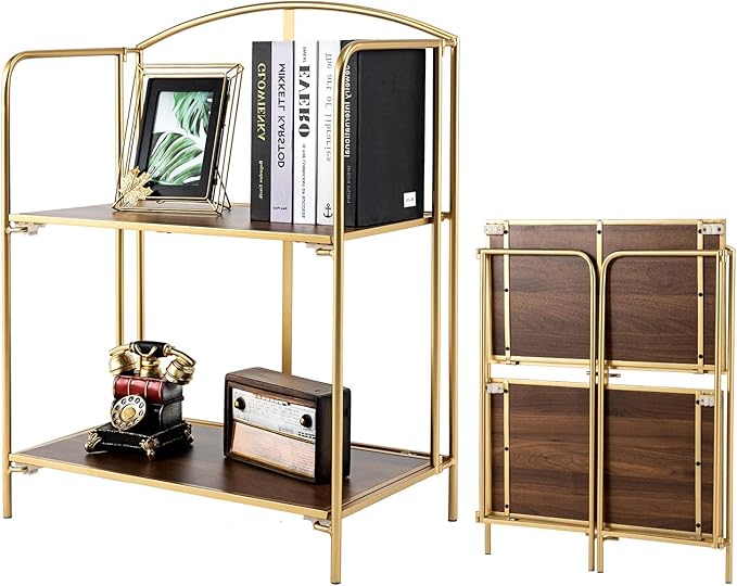 No Assembly Folding Bookshelf for Living Room, 2 Tier Gold Collapsible Book Shelf for Home Office, Portable Bookcase Storage Organizer