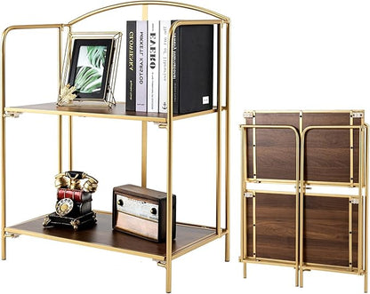 No Assembly Folding Bookshelf for Living Room, 2 Tier Gold Collapsible Book Shelf for Home Office, Portable Bookcase Storage Organizer