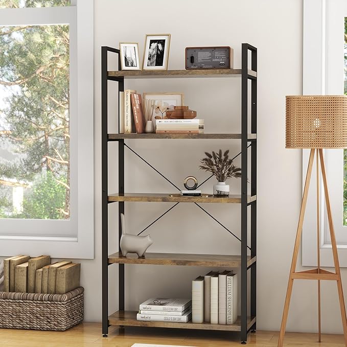 Panana 5 Tier Industrial Rustic Wooden Bookshelves, Vintage Open Wood and Metal Farmhouse Bookshelf Heavy Duty Storage Shelving Unit Rack (Brown)