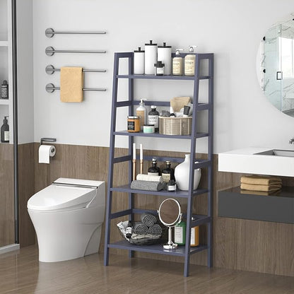 Homykic Bamboo Ladder Shelf 4-Tier Bookshelf, 49.2” Freestanding Open Bookcase Book Shelf Bathroom Storage Shelf Unit Plant Stand for Living Room, Bedroom, Small Space, Home Office, Blue Grey