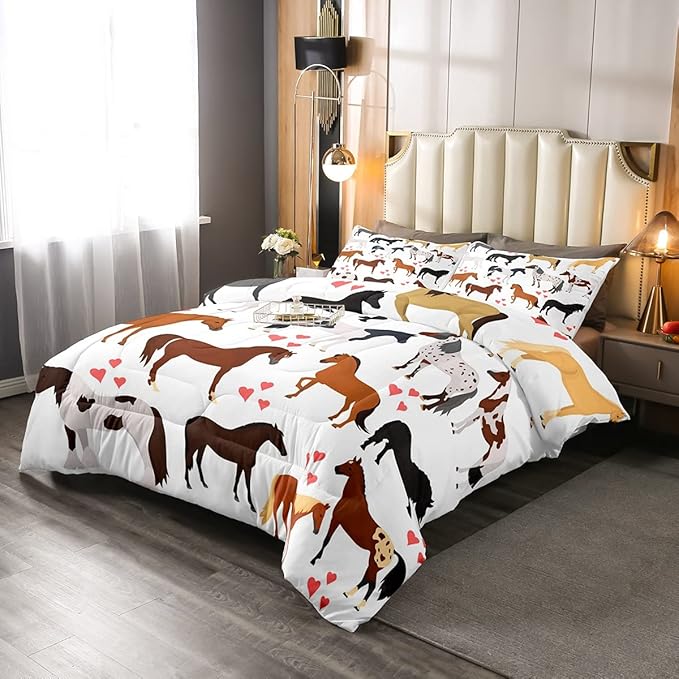 Horse Comforter Set Twin Farm Bedding Set Kids Boys Girls Teens Cute Animal Duvet Set Cartoon Horses With Pink Lover Heart Decor Kawaii Quilt Set Soft Lightweight Cowboy Cowgirls Comforter Set