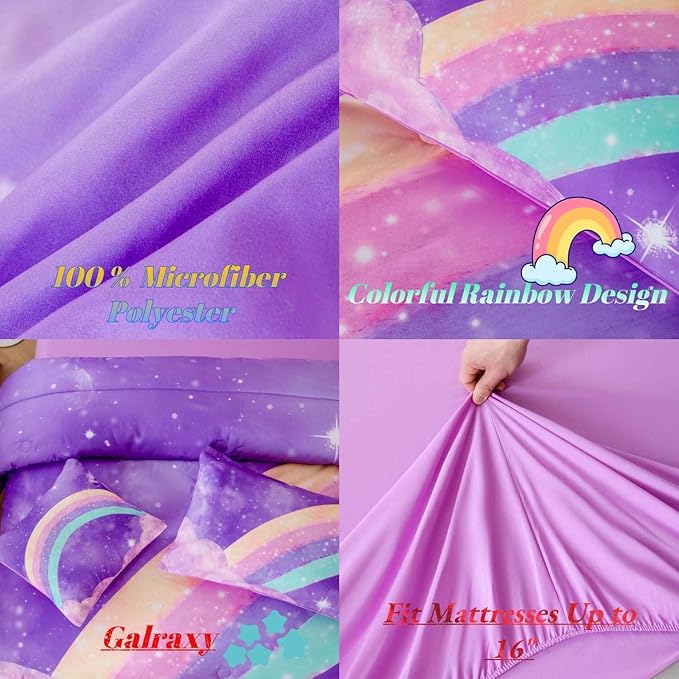 Purple Rainbow Girls Comforter Set Twin, 6 Pieces Gradient Glitter Bedding Sets for Girls Kids, 3D Galaxy Nebula Kids Girls Bed Set with Sheets for All Season