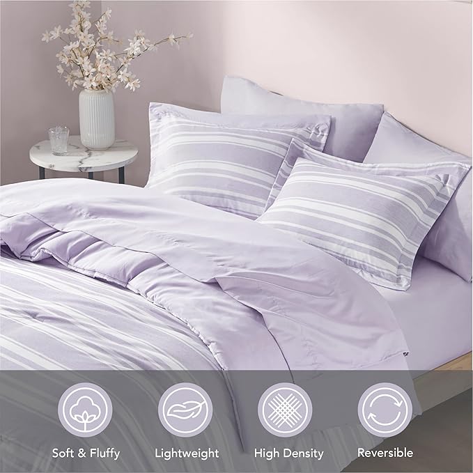 Codi Lavender Purple Queen Comforter Set with Sheets, Striped Bed in a Bag Reversible for All Seasons, Cationic Dyeing Bedding Sets with Comforter, Sheets, Pillowcases & Shams
