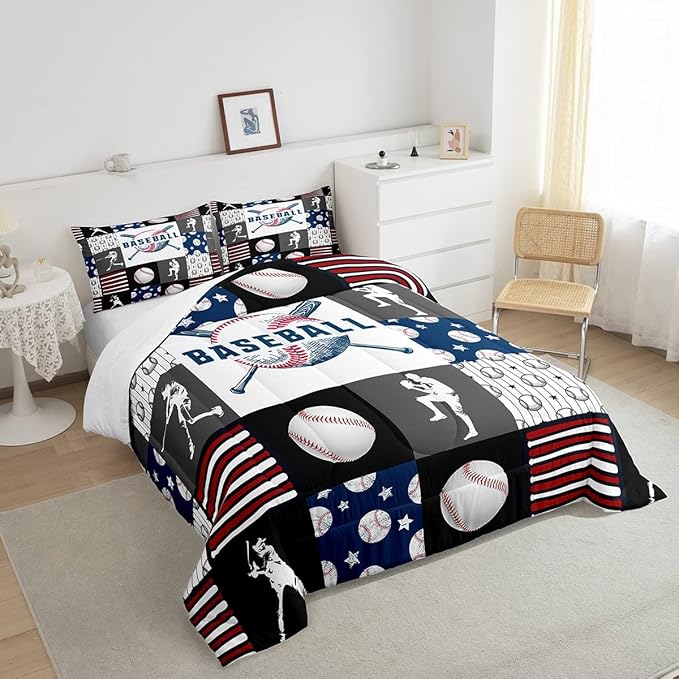 Teen Boy Sports Baseball Twin Bedding Set,Kids Baseball Athlete Comforter Set,Grunge Hippie Tie Dye Ball Bed Comforter Sets Room Decor Patchwork Pattern 1 Pillow Case（Red Blue Black White Grey）