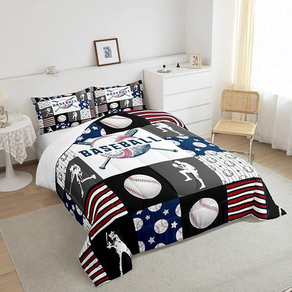Teen Boy Sports Baseball King Bedding Set,Kids Baseball Athlete Comforter Set,Grunge Hippie Tie Dye Ball Bed Comforter Sets Room Decor Patchwork Pattern 2 Pillow Cases（Red Blue Black White Grey）