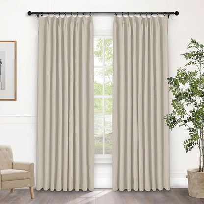 Macochico 100% Blackout Pinch Pleated Linen Curtains 84 Inch Length Thermal Blackout Curtains for Bedroom Living Room Nursery Ivory White Farmhouse Burlap Curtains with Tieback 52”Wx84”L 1 Panel