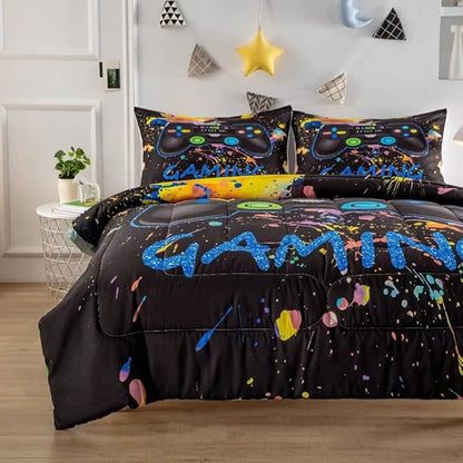 Gamer Comforter Sets for Teen Boys,Gaming Bedding Sets Queen,Video Game Bedspread,Game Gamepad Bed Set,Controller Bedding Gamer Home Decor 3 Piece 1 Comforter and 2 Pillowcases