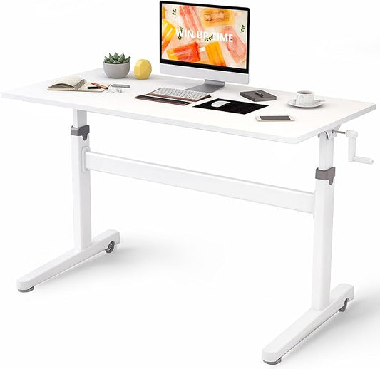 Manual Standing Desk Adjustable Height- Crank Mobile Standing Desk 55 x 24 Inches Sit Stand Desk Frame & Top, Stand Up Desk on Wheels, Computer Desk White Frame & White