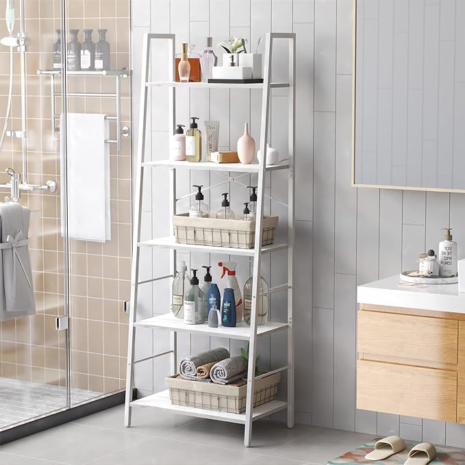 Yusong Ladder Shelf,Industrial 5-Tier Bookshelf,Free Standing Bookcase,Utility Organizer Shelves for Plant Flower,Wood Look Accent Furniture with Metal Frame for Home Office, (White)