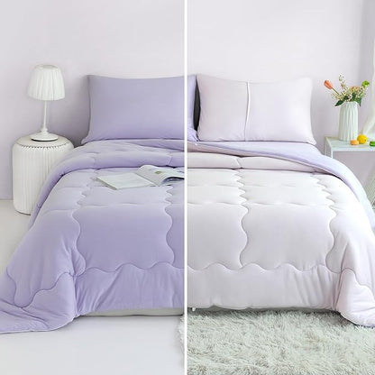 COTTEBED Reversible Ultra-Soft Light Pink and Purple Comforter Set Queen Full Size, Jersey Knit T-Shirt Feel Cute Fluffy Lightweight Bedding Down Blanket Quilt Pillowcase for Man Women Girl All Season