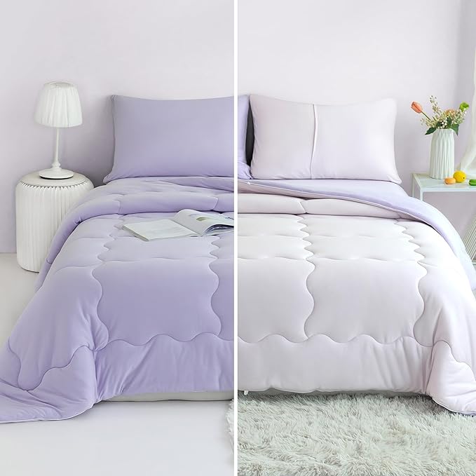 COTTEBED Reversible Ultra-Soft Purple and Light Pink King Size Bed Comforter Set, Jersey Knit T-Shirt Feel Cute Comy Bedding Down Blanket Quilt & Pillowcase Lightweight All Season California Cal King