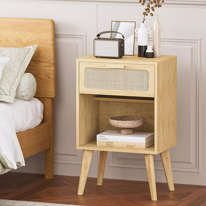 Rattan Nightstand with Opening Storage,Boho Bedside Table with Drawer,Wood Nightstand with Solid Wood Legs,End Side Table for Living Room,Bedroom,Small Space Natural CTG62Y