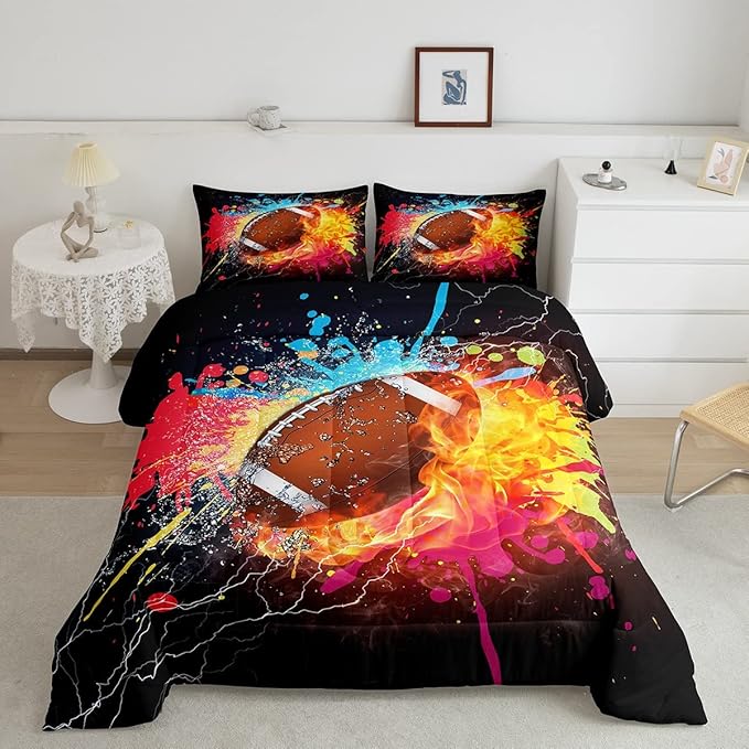 Erosebridal Football Comforter Set for Teen Boys Kids Hippie Tie Dye Sports Football Bedding Sets Rugby Bed Quilt Set Twin Size 1 Comforter and 1 Pillow Case Colorful Sport Theme Bedroom Decor