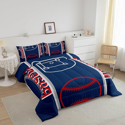 Feelyou Baseball Print Bedding Set Queen Size Sports Game Comforter Set for Kids Boys Girls Decor Baseball Gaming Comforter Microfiber Ball Duvet Set Bedroom Quilt Set