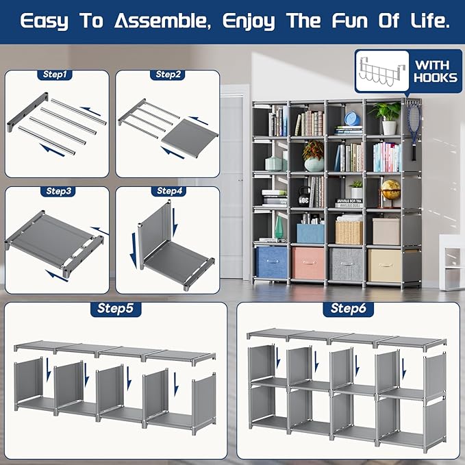 Mavivegue 20 Cube Book Shelf, Storage Organizer, Large DIY Bookcase, Metal Cube Bookshelf, Cubbies Closet Storage Organizer Shelves for Bedroom,Living Room,Home,Office