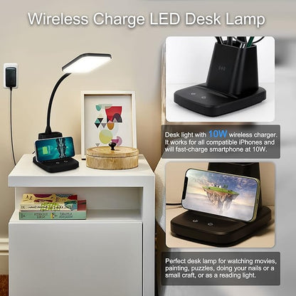 Sailstar Desk Lamp, LED Desk Lamps for Home Office, Wireless Charger Small Desk Lamp with Pen Holder, 3 Color Modes, Dimmable, CRI 85, 800 LM, Study Lamp for College Dorm Room, Adapter Included, Black