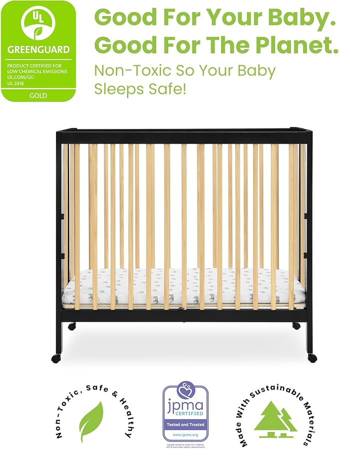 Delta Children Mia Portable Folding Mini Crib with 1.5-Inch Mattress - Greenguard Gold Certified, Ebony Black/Natural