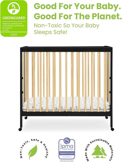 Delta Children Mia Portable Folding Mini Crib with 1.5-Inch Mattress - Greenguard Gold Certified, Ebony Black/Natural