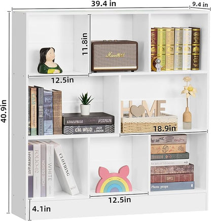 YAHARBO White 3 Tier Bookshelf,Wide Modern Horizontal Bookcase,Wood Low Book Shelf,Wide Display Storage Cabinet with Base,Floor Standing 8 Cube Large Bookcases Organizer for Bedroom,Living Room,Office