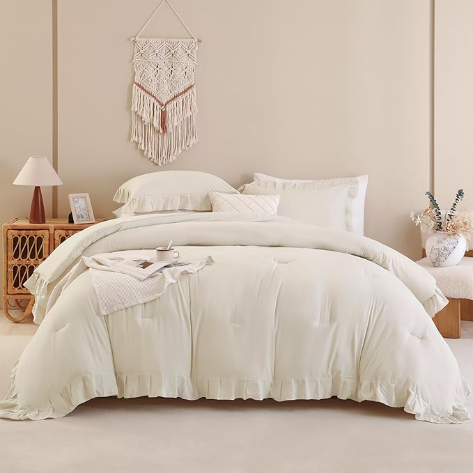 Andency Beige Comforter Set Full Size, 3 Pieces Solid Ruffle Vintage Rustic Soft Bedding Comforter Sets, All Season Lightweight Fluffy Soft Microfiber Bedding Set (79x90 Comforter & 2 Pillowcases)