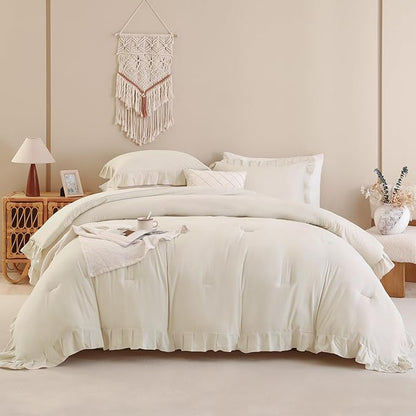 Andency Beige Comforter Set Full Size, 3 Pieces Solid Ruffle Vintage Rustic Soft Bedding Comforter Sets, All Season Lightweight Fluffy Soft Microfiber Bedding Set (79x90 Comforter & 2 Pillowcases)