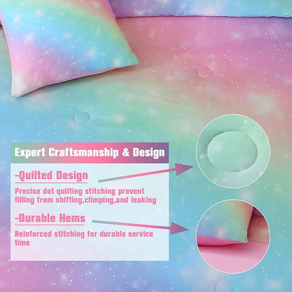 JQinHome Glitter Bedding Set Queen Size,6 Piece Bed in A Bag 3D Colorful Rainbow Galaxy Comforter Set for Girls Kids-All Season Microfiber Tie-Dye Bedding Sets(Rainbow)