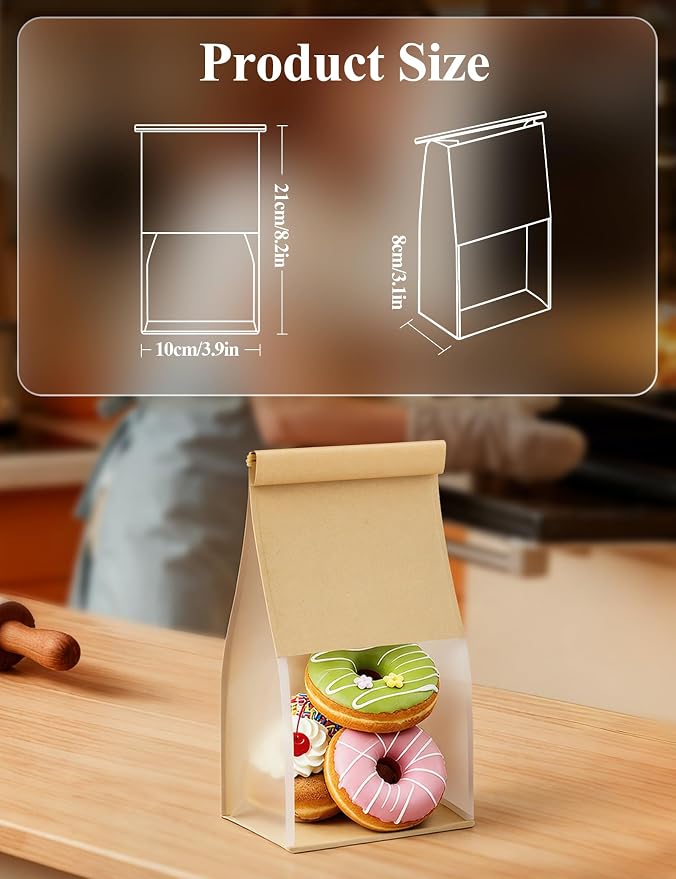 FireKylin Bread Cookie Bags with Window & Tin Tie,3.9x3.1x8.2 (50,Small) | Food Safe Brown Paper, Clear Window, Reusable Tin Tie, for Homemade Bread, Cookies, Muffins, Pastry, Candy, Party Favor