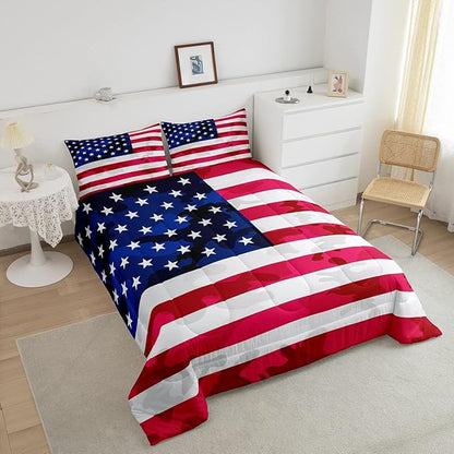 Feelyou American Flag Bedding Set Camouflage USA Flag Comforter Set Army Camo Flag Comforter Blue Red and White Stars Down Alternative Comforter for All Season Room Decor Twin Size