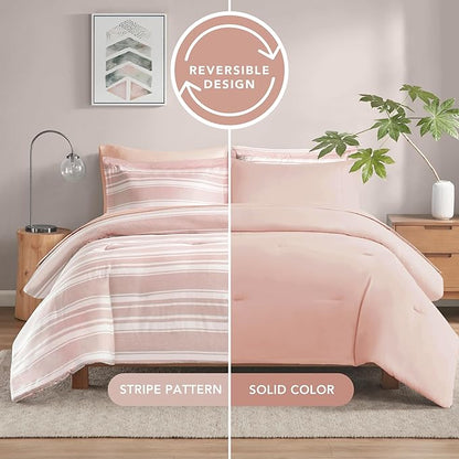 Codi Bed in a Bag Twin Size Complete Set, Pink and White Striped Single Comforter Set 5 Piece for Teen Girls, Modern Neutral Cationic Dyeing Bed Sets with Comforter, Sheets, Pillowcases & Shams