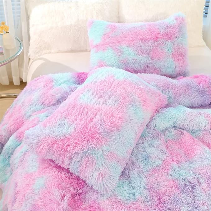 Faux Fur Kids Girls Purple Rainbow Comforter Sets Twin/Full - 3PC Bed Set Warm Comfortable Soft Plush Flannel Velvet Fluffy Fuzzy Bedding（Comforter x 1 Pillowcases x 2）
