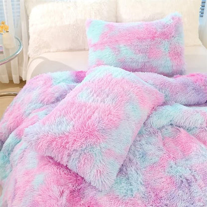 Faux Fur Kids Girls Purple Rainbow Comforter Sets Twin/Full - 3PC Bed Set Warm Comfortable Soft Plush Flannel Velvet Fluffy Fuzzy Bedding（Comforter x 1 Pillowcases x 2）