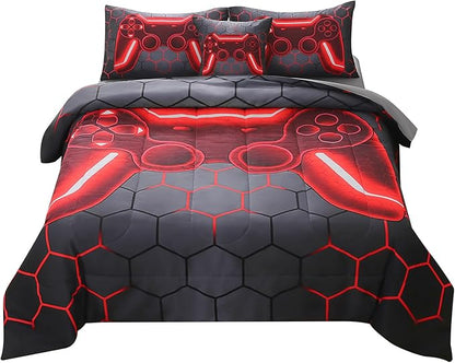 JQinHome Twin Gamer Comforter Set for Boys Girls Kids,6 Piece Bed in A Bag 3D Video Game Bedding -All Season Soft Microfiber Down Alternative Comforter Gamer Bedding Sets with Sheets （Red）