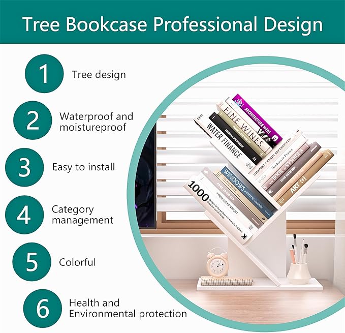 Tree Bookshelf, 3-Tier Book Storage Organizer Shelves Floor Standing Bookcase, Wood Storage Rack for Office Home School Shelf Display for Cd/Magazine（White）