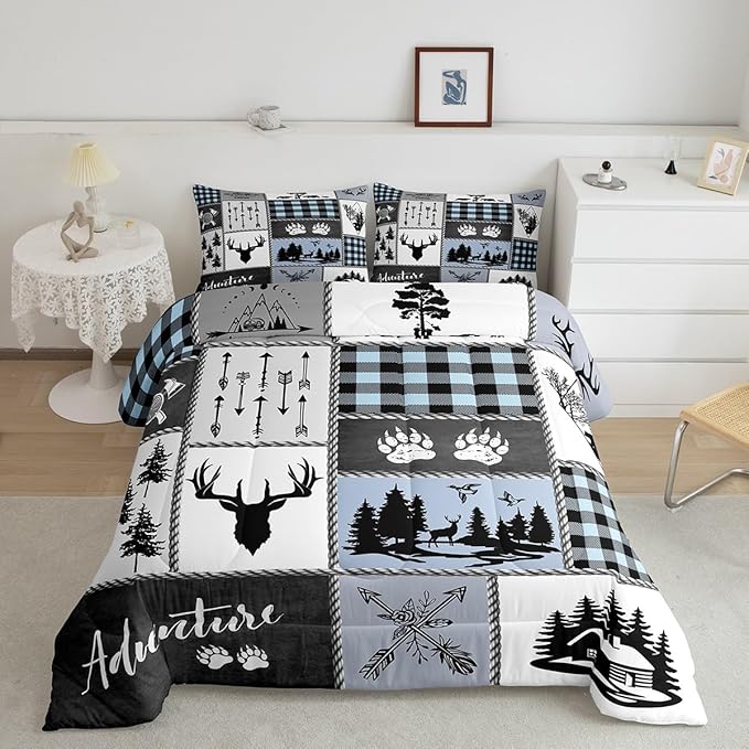 Deer Bear Kids Comforter Set Full Size,Hunting Adventure Rustic Farmhouse Bedding Set for Boys Girls Adults Room Decor,Geometric Plaid Patchwork Down Comforter,Blue Xmas Duvet Insert,2 Pillowcases