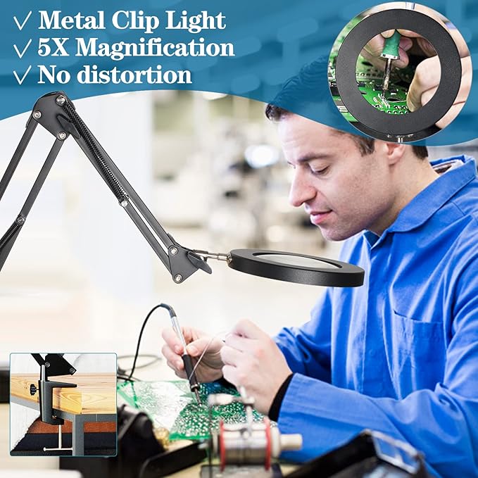 HITTI 5X Magnifying Glass with Light with Clamp, 3 Color Modes Stepless Dimmable Magnifying Lamp, 72 LEDs Real Glass Lens Magnifier with Light and Stand for Close Work Craft Hobby Reading Workbench