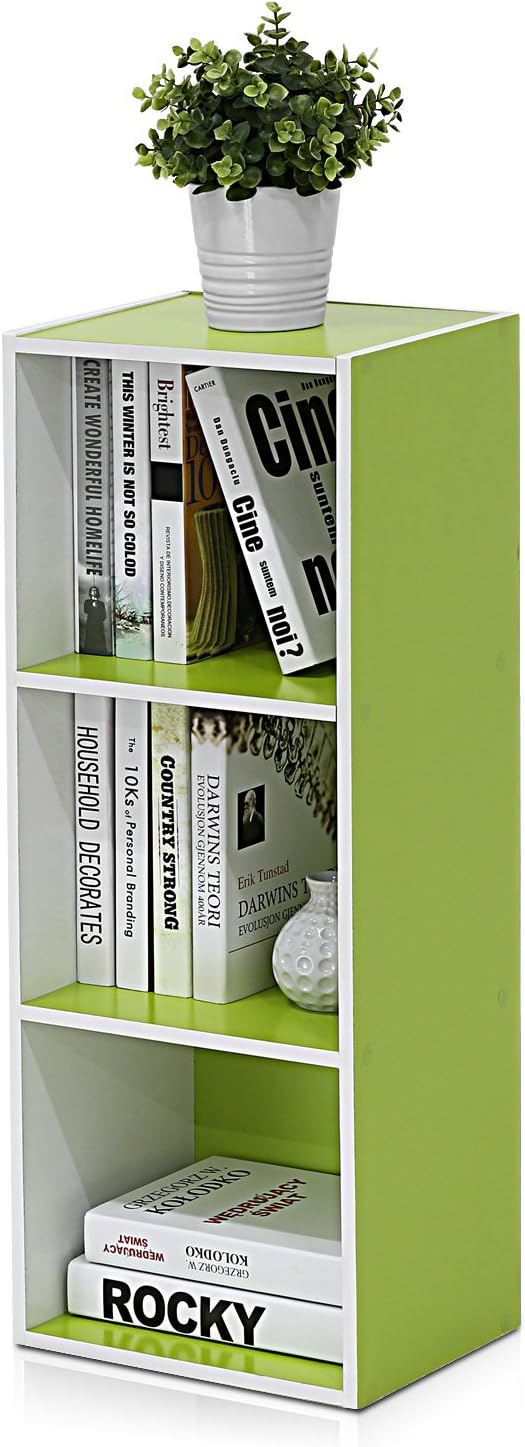 Furinno Pasir 3-Tier Open Shelf Bookcase, White/Green 11003WH/GR