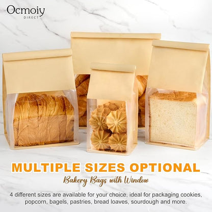Ocmoiy Small Cookie Bags with Window, 3.9 x 3.5 x 9.5 Inches, 50 Pack | Tin Tie Tab Lock, Bakery Packaging Bag, Resealable Paper Pastry Bags, For Homemade Granola, Popcorn, Candies, Treat