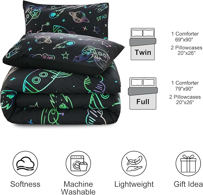 Aimuan Space Bedding Twin Bed Comforter Kids Rocket Bedding Set Super Soft & Cute Aliens UFO Printed for Boys Girls Teen (Black, Twin)