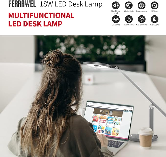 LED Desk Lamp for Home Office - Natural Eye-Caring Table Light, Adjustable Metal Swing Arm with 18W Dimmable Bright Reading Task Lampara Memory Function Black