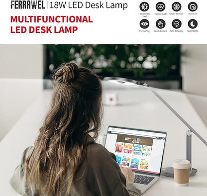 LED Desk Lamp for Home Office - Natural Eye-Caring Table Light, Adjustable Metal Swing Arm with 18W Dimmable Bright Reading Task Lampara Memory Function Black