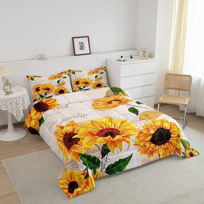 Girls Yellow Floral Bedding Sets Queen Countryside Sunflowers Comforter For Girls Women Flower Plants Duvet Set Old Letters Style Bedding Farm Garden Sunflower Print Quilted Duvet Bedroom Decor, 3Pcs