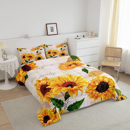 Erosebridal Women Retro Floral Bedding King Size Yellow Sunflowers Comforter Set for Girls Female Rustic 3D Flowers Duvet Insert Ultra Soft Lightweight Quilted Comforter with 2 Pillowcases