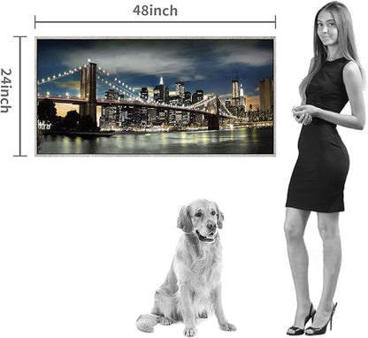 Framed Brooklyn Bridge Wall Art: Large Size New York Cityscape Skylines Night Scene Modern Picture Artwork for Home Office Decoration (48” X 24”)